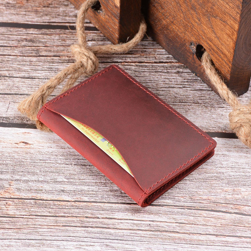 Minimalist Cowhide Card Holder Compact Wallet For Bank & Membership Cards - Wine Red