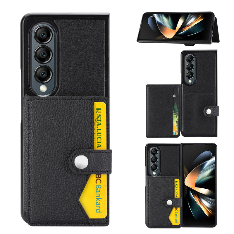 Litchi Pattern Single Button Card Holder Phone Case - Black
