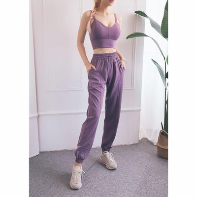High Waist Drawstring Fitness Pants Black Size L - Smoke Purple L