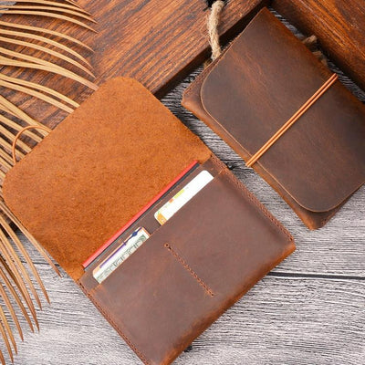 Retro Passport Wallet For Travel Crazy Horse Skin - Coffee