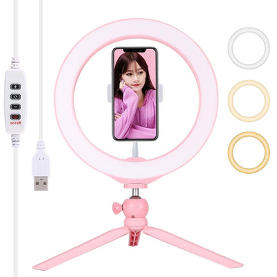 10.2 Selfie Beauty Light With Tripod Mount And Usb 3 Modes Dimmable Led Ring For Vlogging And Photography Cold Shoe Ball Head And Phone Clamp - Pink
