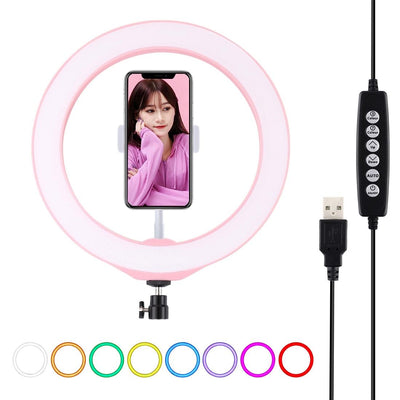 10.2 Usb Led Ring Light with 10 Modes Cold Shoe Tripod & Phone Clamp - Pink