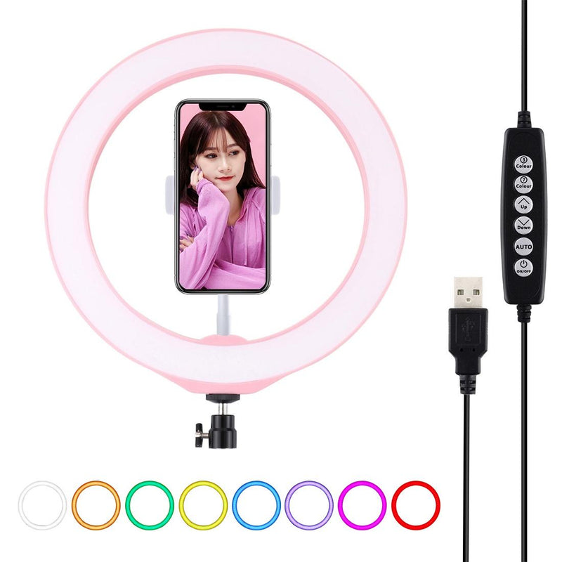 10.2 Usb Led Ring Light with 10 Modes Cold Shoe Tripod & Phone Clamp - Pink