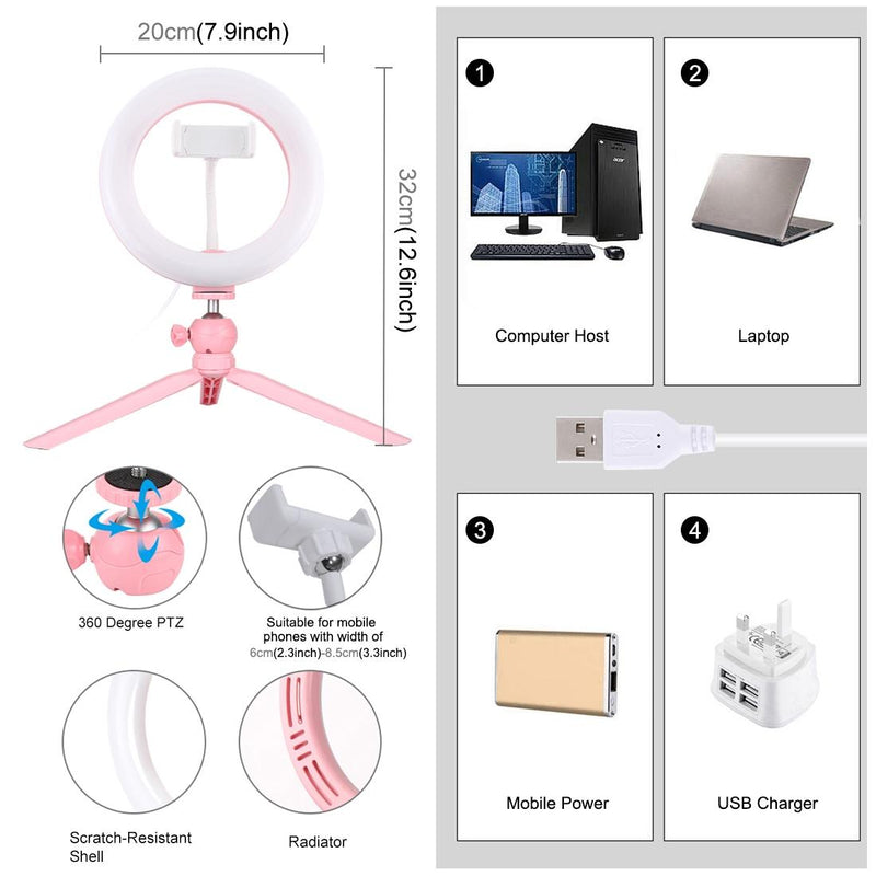 7.9 Led Ring Light with Tripod and Phone Clamp - 3 Modes Dimmable Dual Colour Temperature - Pink