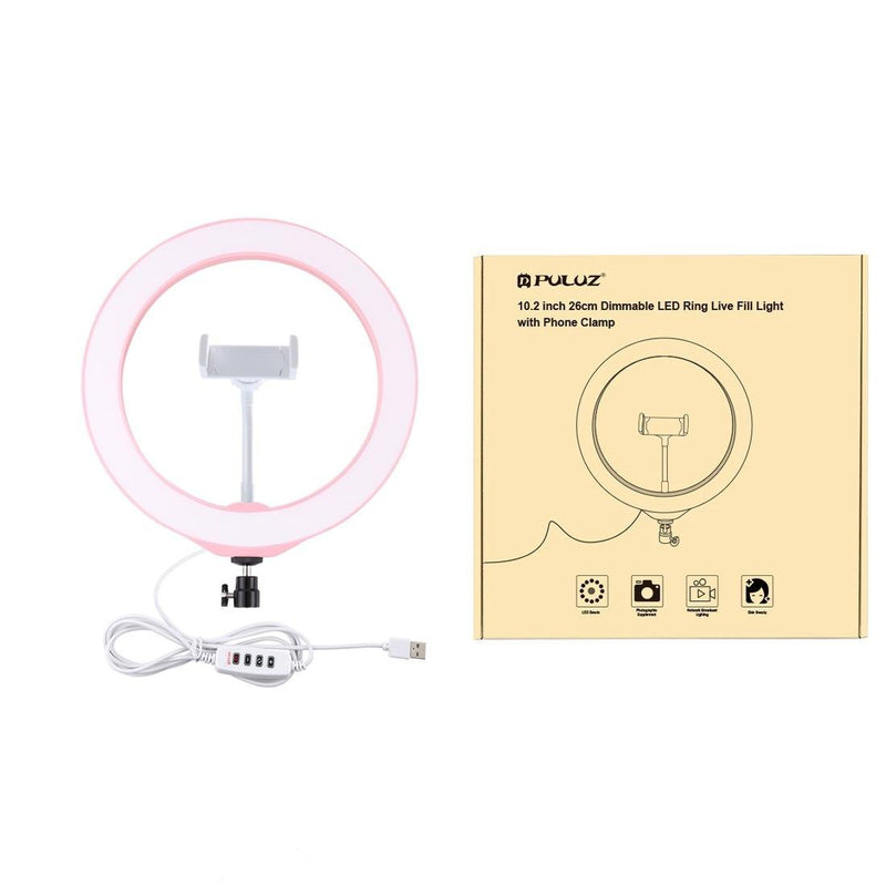 26cm Dimmable Led Ring Light with Tripod and Phone Clamp - Pink