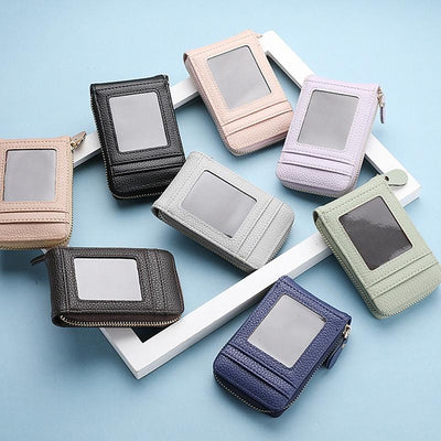 Multi Slot Short Card Holder With Zipper Coin Purse Pu Leather - Grey