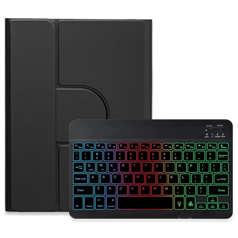 360 Degree Rotatable Bluetooth Keyboard Leather Case With Three-Colour Backlight - Black - For Ipad 10.2 2021 / Air 2019