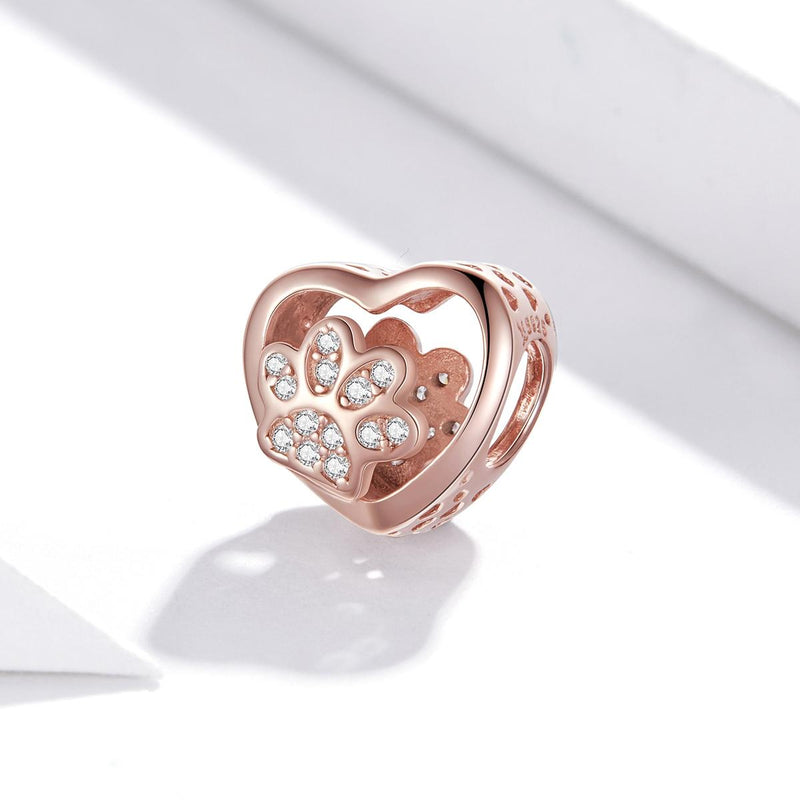 925 Sterling Silver Pet Paw Print Beaded Bracelet - Rose Gold