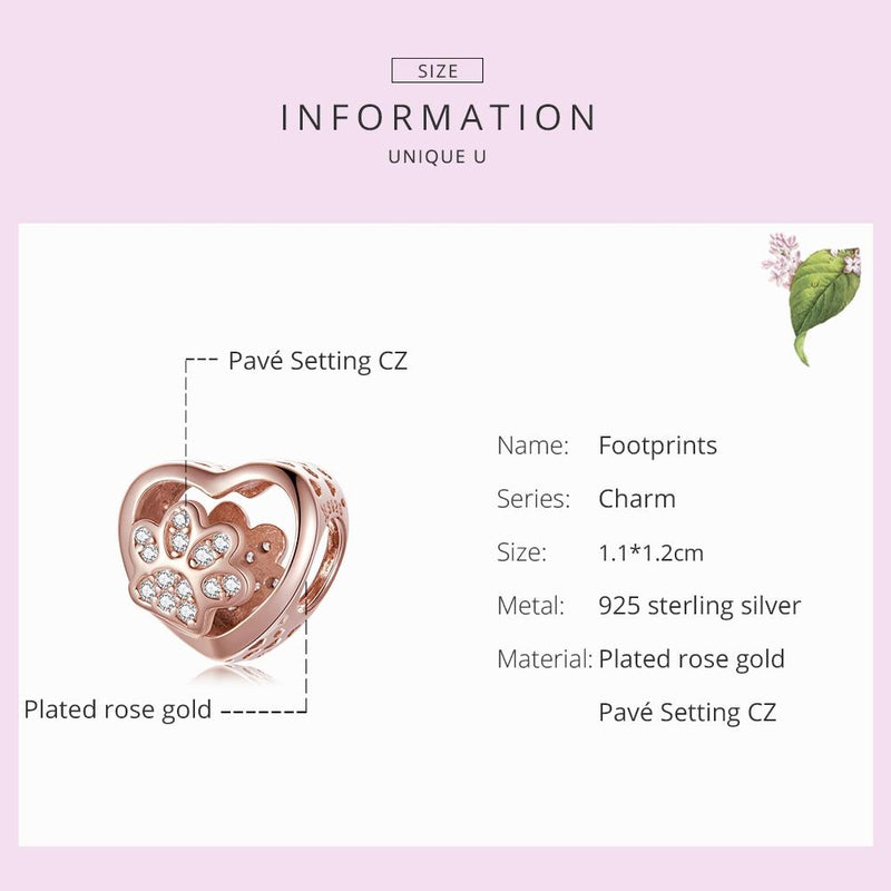 925 Sterling Silver Pet Paw Print Beaded Bracelet - Rose Gold