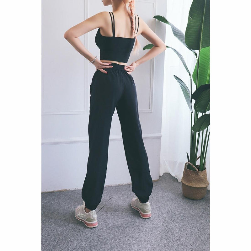 High Waist Drawstring Fitness Pants Black Size L - Water Moss Colour L