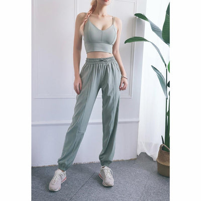 High Waist Drawstring Fitness Pants Black Size L - Quicksand Powder L