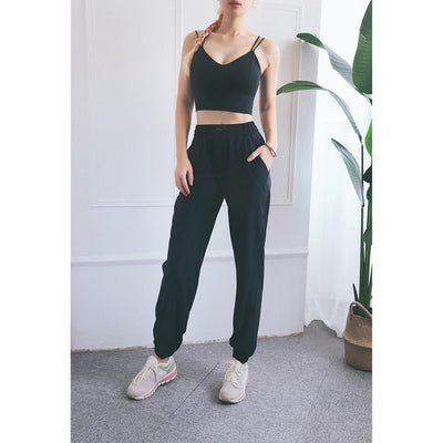 High Waist Drawstring Fitness Pants Black Size L - Quicksand Powder L