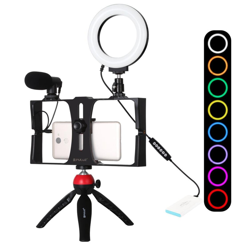 Vlogging Live Broadcast Smartphone Video Rig With 4.7 Inch Rgbw Ring Led Selfie Light Microphone And Pocket Tripod Mount Kit - Blue