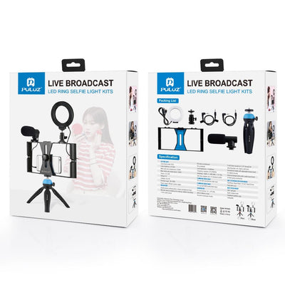 Vlogging Live Broadcast Smartphone Video Rig With 4.7 Inch Rgbw Ring Led Selfie Light Microphone And Pocket Tripod Mount Kit - Blue