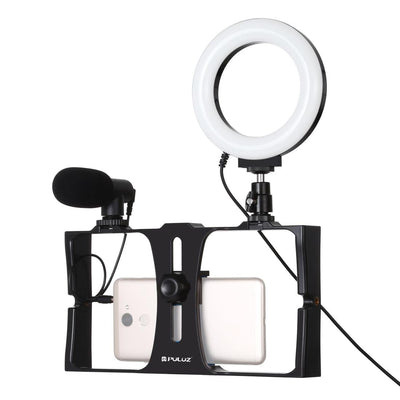 3-In-1 Vlogging Kit With Smartphone Rig Microphone And Led Ring Light - Blue