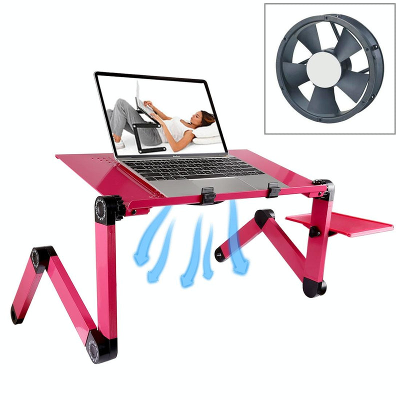 Adjustable Foldable Laptop Stand With Fans & Mouse Pad - Portable Aluminum Alloy - Magenta