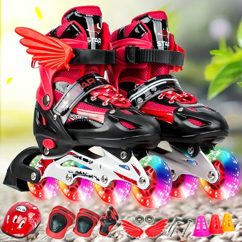 Adjustable Kids Roller Skates Set - Single Flash Wheels - Size S - Red