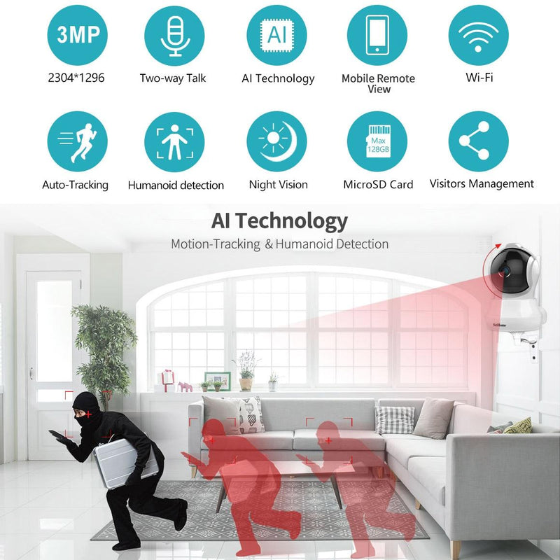 Ai Ip Camera With 3.0Mp 1296P Hd Two-Way Talk Auto Tracking Humanoid Detection Night Vision Tf Card Support