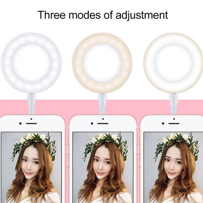 Universal Cell Phone Holder with Selfie Ring Light Microphone Clip & 3-colour Light Adjustment for Studio Recording Live Broadcast Ktv White