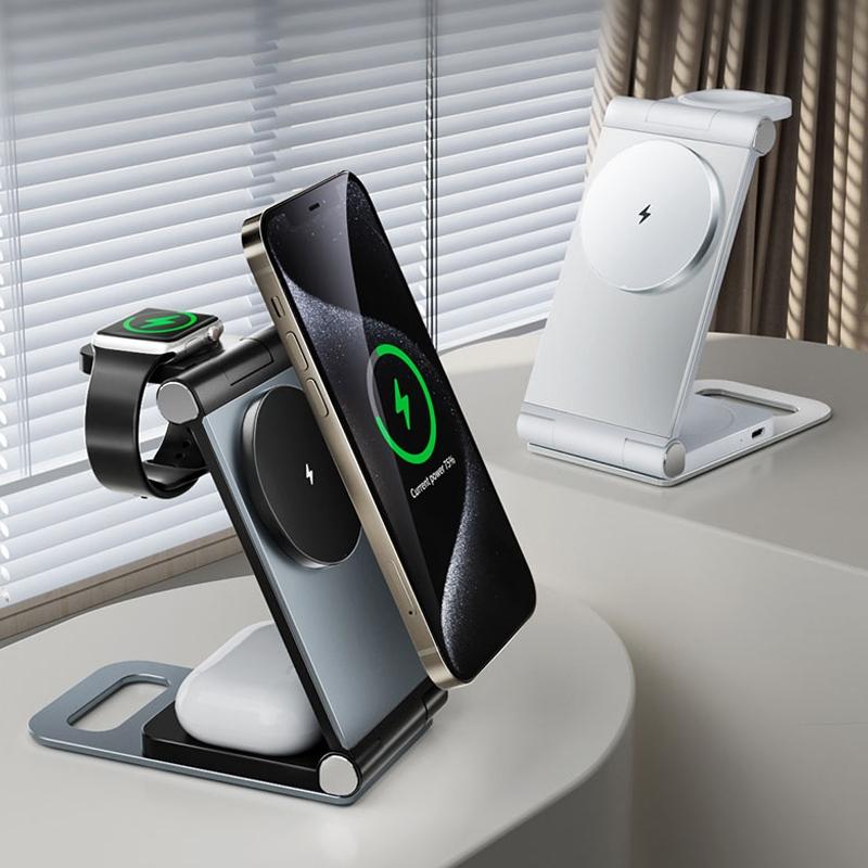 15W 3 In 1 Foldable Desktop Wireless Charger - White