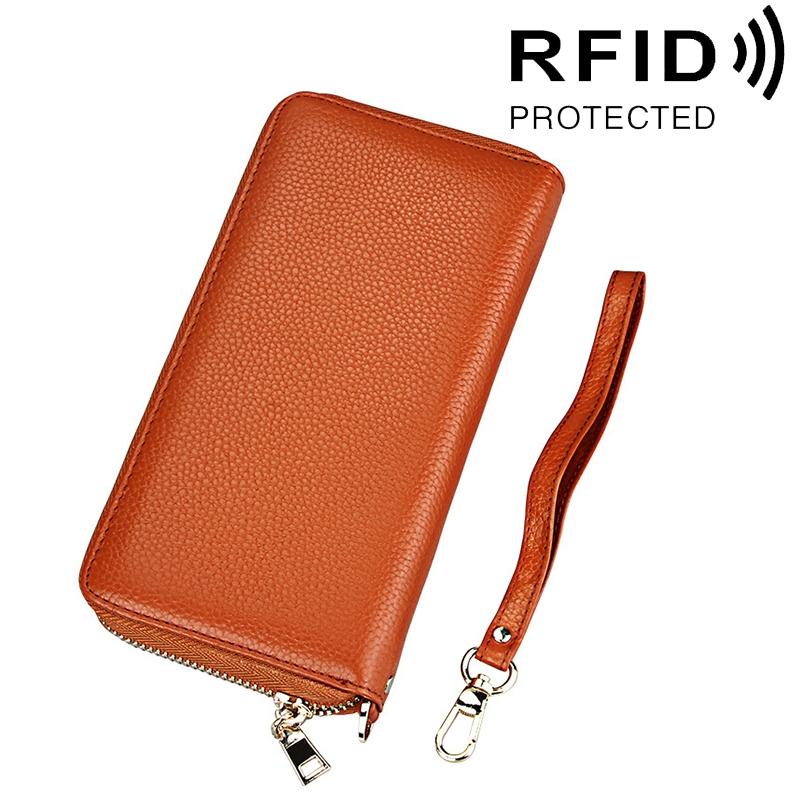 Leather Rfid Card Holder Wallet with Hand Strap - Brown
