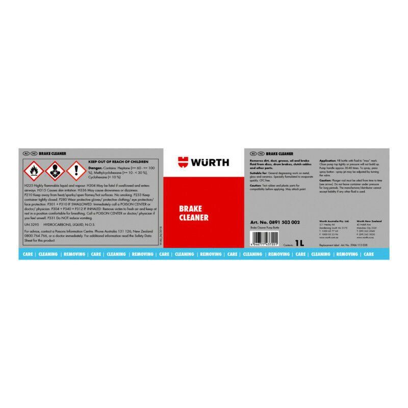 Wurth Brake Cleaner Specific Pump Spray Bottle Unfilled 1L
