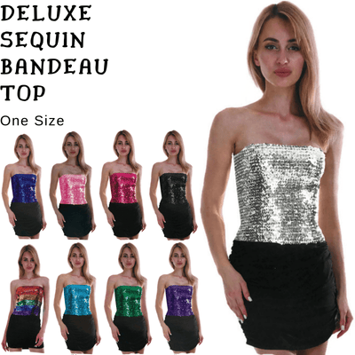 Womens SEQUIN BANDEAU CROP TOP Sparkling Sparkly Costume Tube - Black