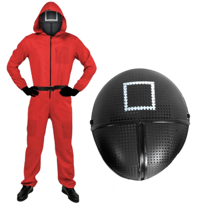 Adult Squid Game Guard Tracksuit Red Full Party Costume Set w/ Mask - Square Mask - S/M