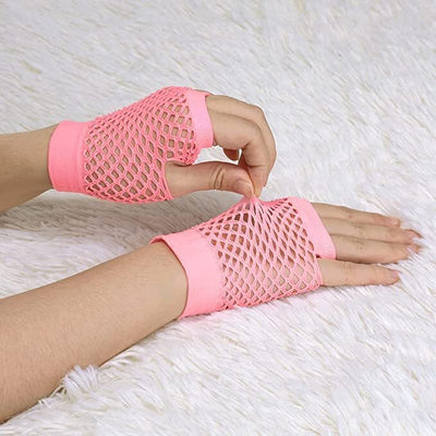 12 Pair Fishnet Gloves Fingerless Wrist Length 70s 80s Costume Party -Light Pink
