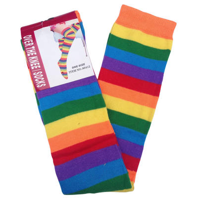 OVER THE KNEE SOCKS Plain Striped High Thigh Ladies Long Womens Stripey Stocking - Rainbow