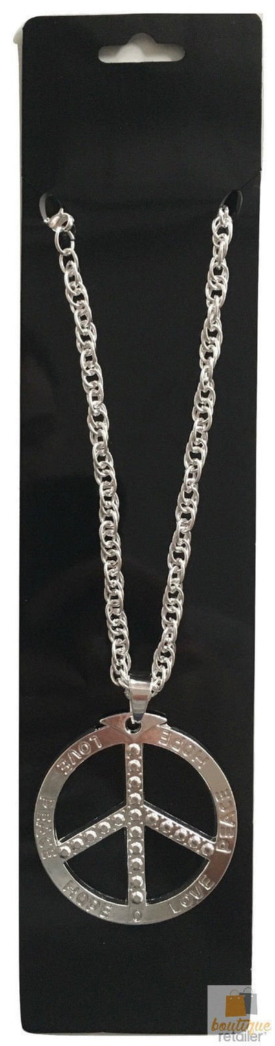 PEACE Sign Metal Necklace Chain Hippie Costume Party Pendant Chain Jewellery 70s 60s - Silver