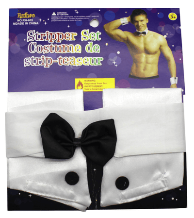 Male Stripper Set Costume Cuffs Collar & Bow Tie Waiter Fun Kit Fancy Dress