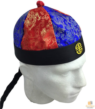 CHINESE LANDLORD HAT Oriental Asian Cap w Ponytail Party Costume Traditional - Blue/Red