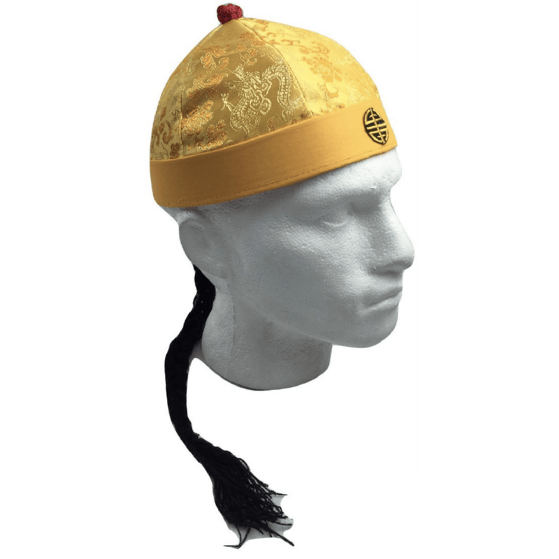 CHINESE LANDLORD HAT Oriental Asian Cap w Ponytail Party Costume Traditional - Yellow