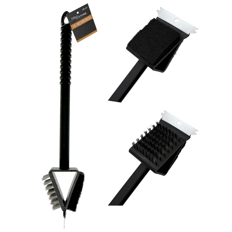 3-in-1 Double-Sided BBQ Grill Cleaning Brush – 38cm Heavy-Duty Wire Bristles & Scraper