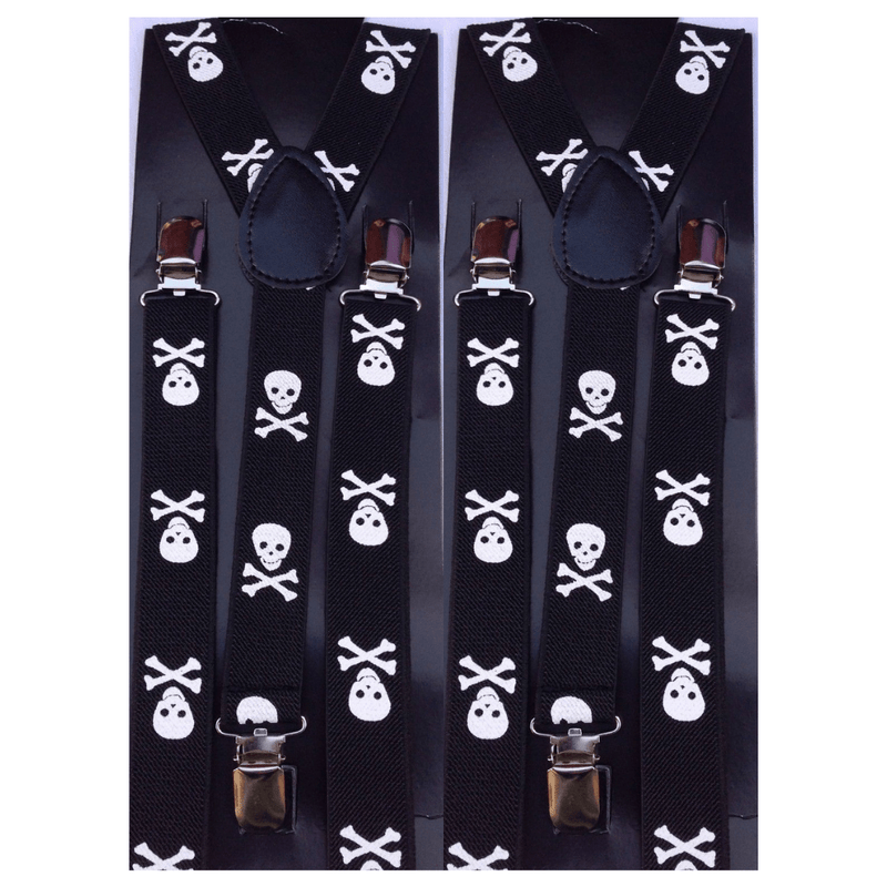 2x Mens Suspenders Braces Adjustable Strong Clip On Elastic Formal Wedding Slim - Black with White Skulls