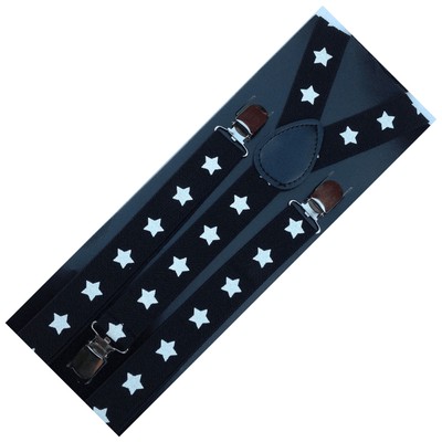 2x Mens Suspenders Braces Adjustable Strong Clip On Elastic Formal Wedding Slim - Black with White Stars