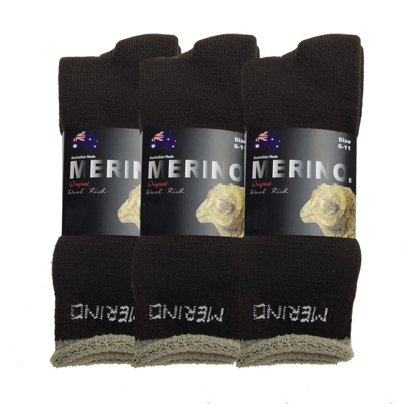 3 Pairs MERINO WOOL SOCKS Mens Heavy Duty Premium Thick Work Socks Cushion - Brown - 11-14