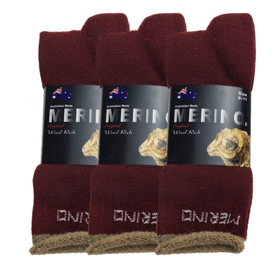 3 Pairs MERINO WOOL SOCKS Mens Heavy Duty Premium Thick Work Socks Cushion - Burgundy - 11-14