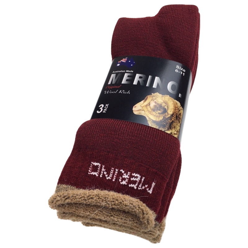 3 Pairs MERINO WOOL SOCKS Mens Heavy Duty Premium Thick Work Socks Cushion - Burgundy - 6-11