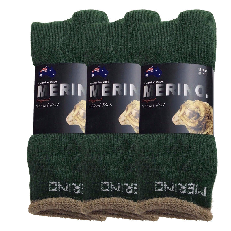 3 Pairs MERINO WOOL SOCKS Mens Heavy Duty Premium Thick Work Socks Cushion - Green - 11-14
