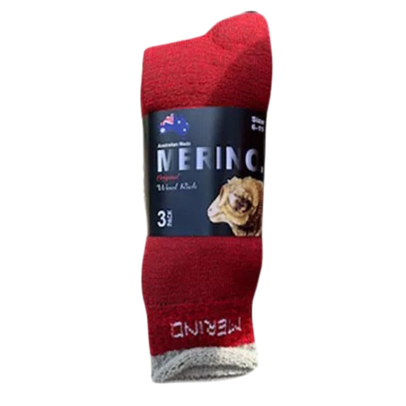 3 Pairs MERINO WOOL SOCKS Mens Heavy Duty Premium Thick Work Socks Cushion - Red - 6-11