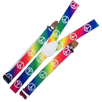 3x Mens Suspenders Braces Adjustable Strong Clip On Elastic Formal Wedding Slim - Rainbow with Peace Symbol