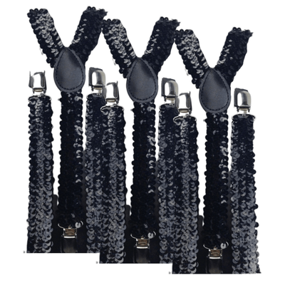 3x Mens Suspenders Braces Adjustable Strong Clip On Elastic Formal Wedding Slim - Black (Sequin)