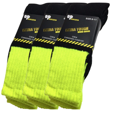 3x Pairs HI VIS SOCKS Workwear Work Safety Tradie High Visibility Fluro - Yellow - 11-14