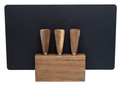 4pc Euroline Slate Wood 30cm Cheese Board w/ Plane Knife / Fork - Brown