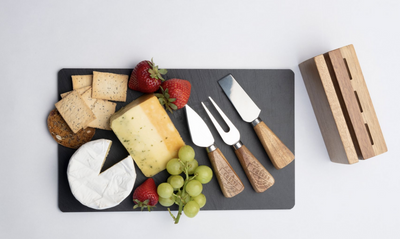 4pc Euroline Slate Wood 30cm Cheese Board w/ Plane Knife / Fork - Brown