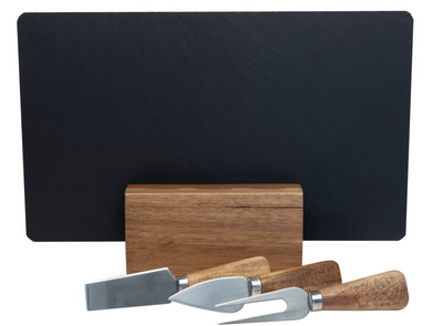 4pc Euroline Slate Wood 30cm Cheese Board w/ Plane Knife / Fork - Brown