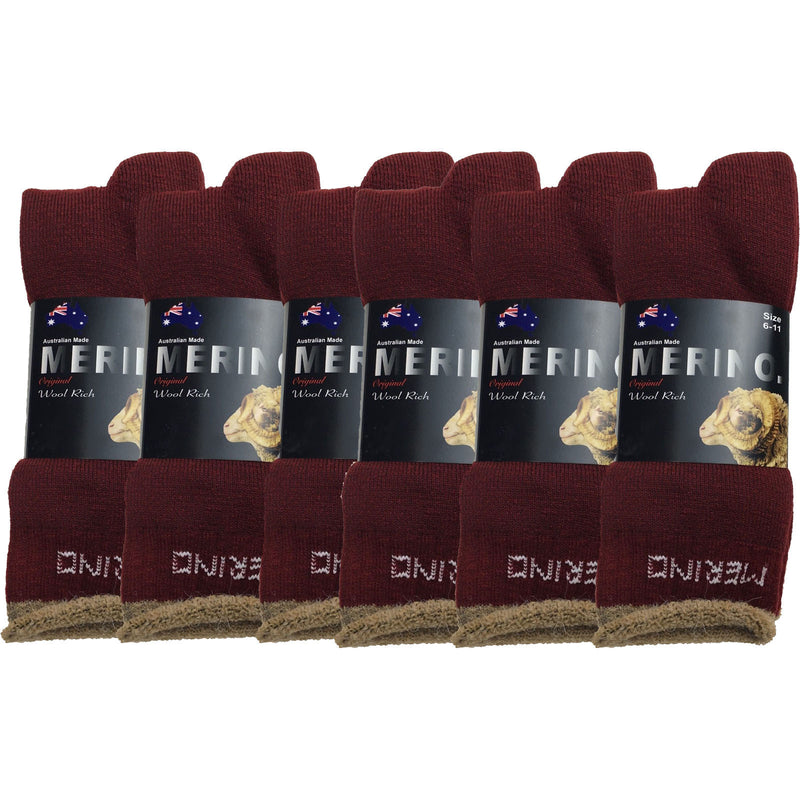 6 Pairs MERINO WOOL SOCKS Mens Heavy Duty Premium Thick Work Socks Cushion BULK - Burgundy - 6-11