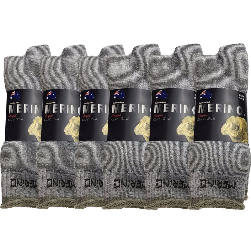 6 Pairs MERINO WOOL SOCKS Mens Heavy Duty Premium Thick Work Socks Cushion BULK - Grey - 11-14